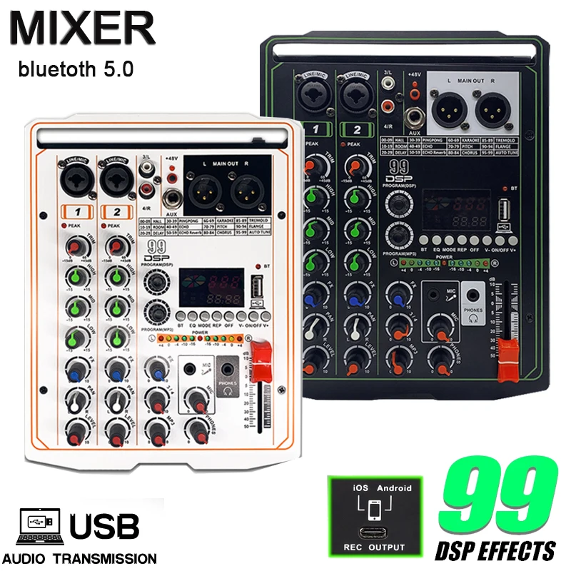 

99 DSP Effects Audio Mixer 4 Channel Portable DJ Sound Mixing Console USB Interface Computer Recording 48V Phantom Power Monitor