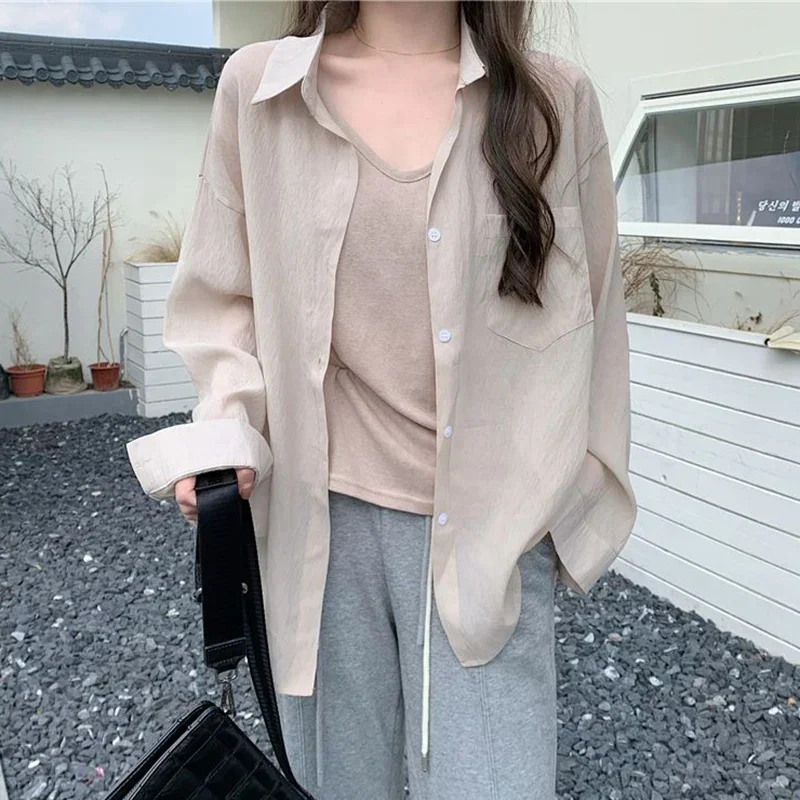 Summer Sunscreen Protection Shirts Women Fashion Solid Color Thin Blouse Woman Casual Long Sleeve Loose Beach Shirt Mujer Y2k