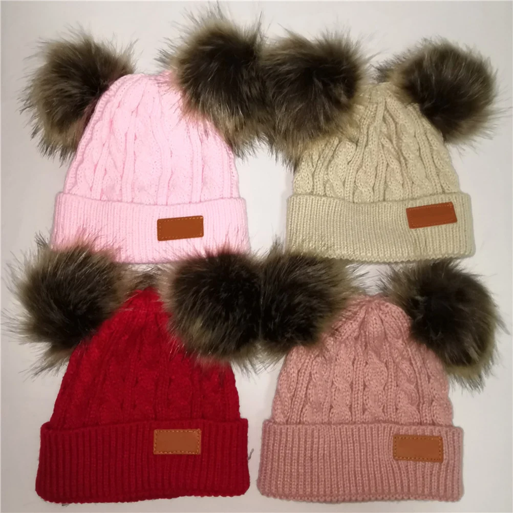 

Double Pompom s Beanie Hat Ball Knitted Warm Crochet Winter Cap For Girls Boys Red Cozy Autumn Headwear Ear Protection
