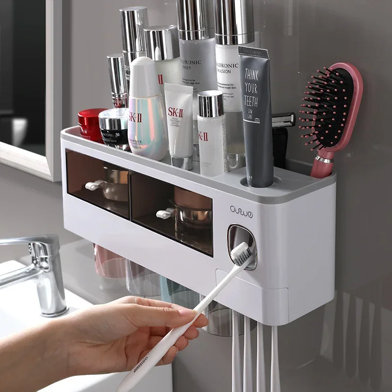 Toothbrush Bathroom Accessories Set Wall Mount Storage Rack Toiletries Storage Toothpaste Dispenser with Cup  Mug Holder Rack