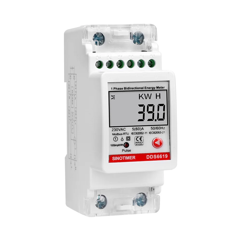 DDS6619-039 Din-rail AC230V Multifunction Single-phase Energy Meter 2P with RS485 Modbus Communication Bidirectional Metering