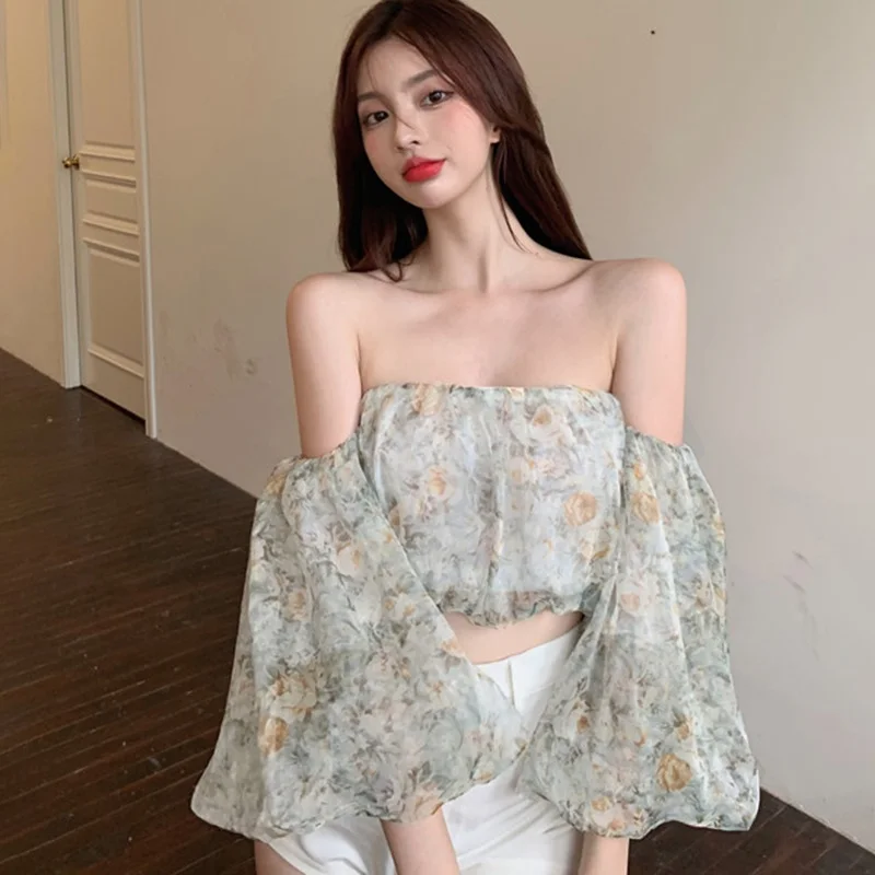 Women Summer Floral Crop Tops Short Length Chiffon Shirt Floral Print Tops Sexy Casual Tunic Tops Off Shoulder Blouse