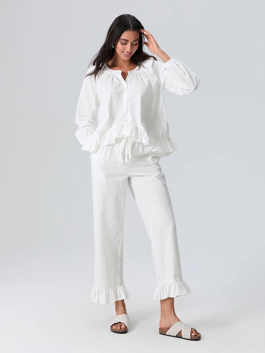 Dames Effen Kleur Pyjama Set V-hals Lange Mouw Losse Tops Lange Broek Loungewear Ruches Outfit