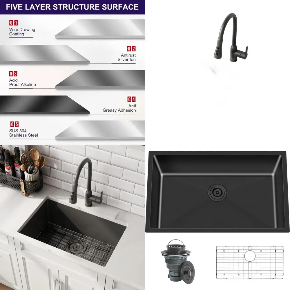 

Handcrafted 27 Gunmetal Black Undermount Single Bowl Kitchen Sink with Strainer & Grid, 16 Gauge Stainless Steel