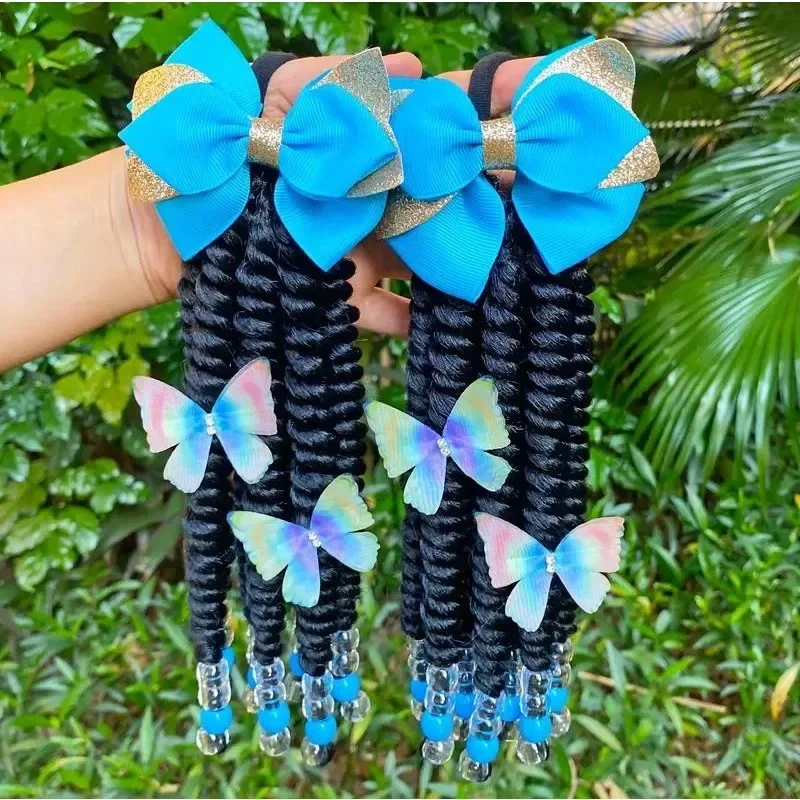 2pack Hair 8inch Kids Braided Ponytail with Beads and Bow  Customized Kids Braided Ponytail with Beds Beads and Butterfly
