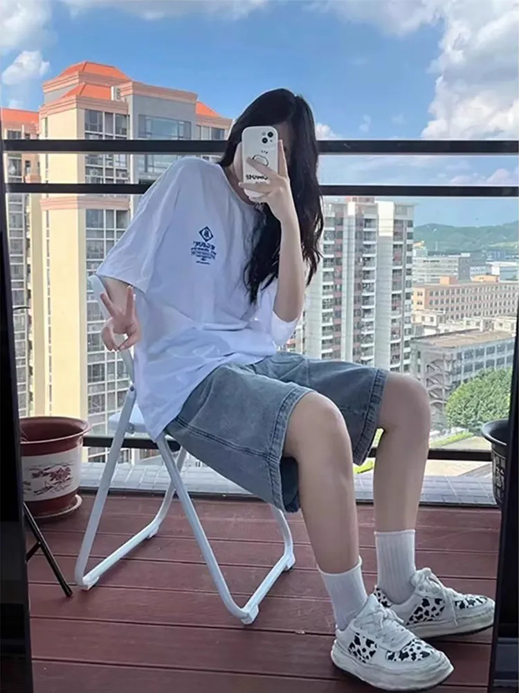 

Retro High Waist Straight Leg Denim orts Women plus Size Summer Loose Slimming Casual Five-Quarter Wide Leg Pants