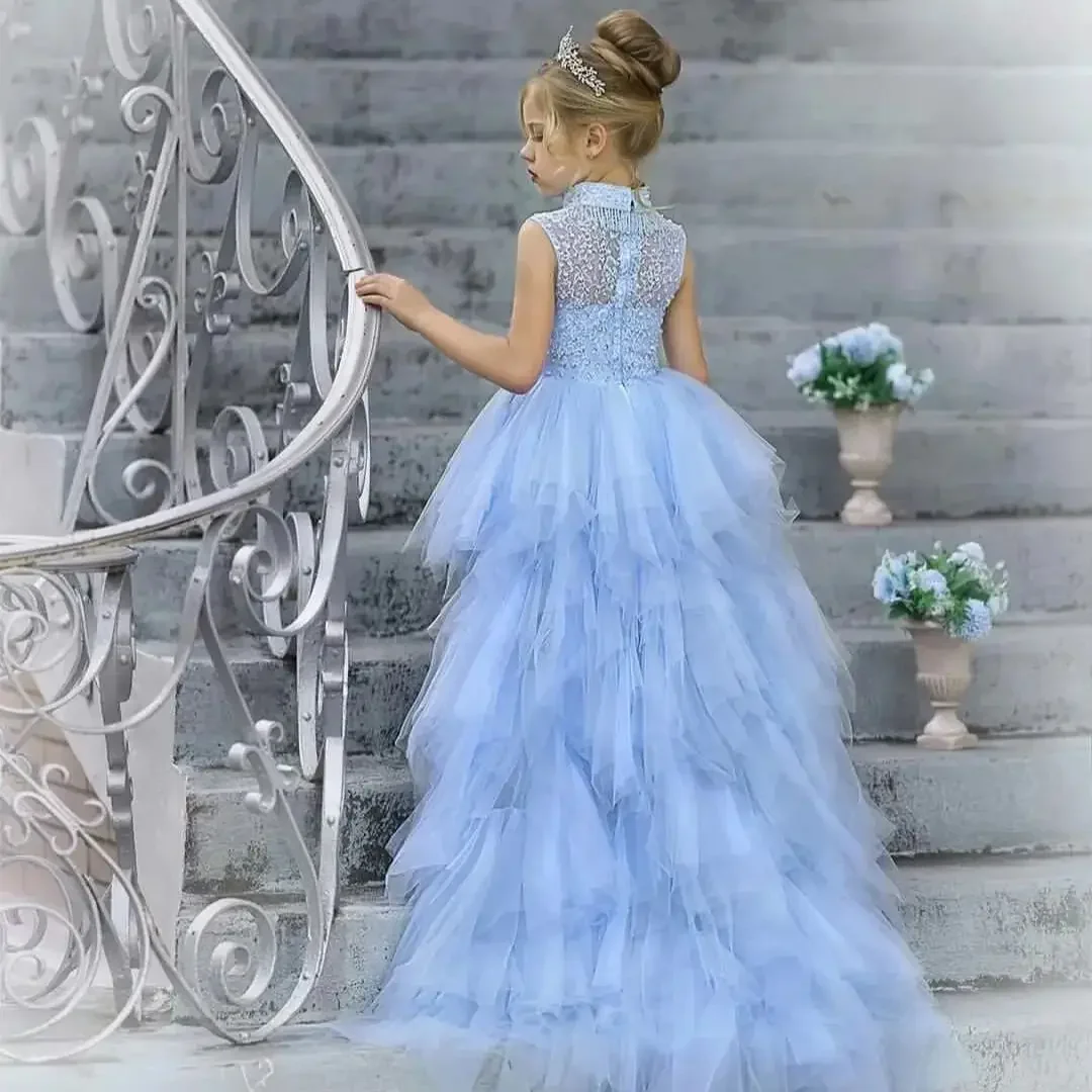 

Blue Flower Girl Dresses for Wedding High-Low Length Kids Birthday Dresses Ruffles Tiered Tulle Girls Ball Gowns Customized