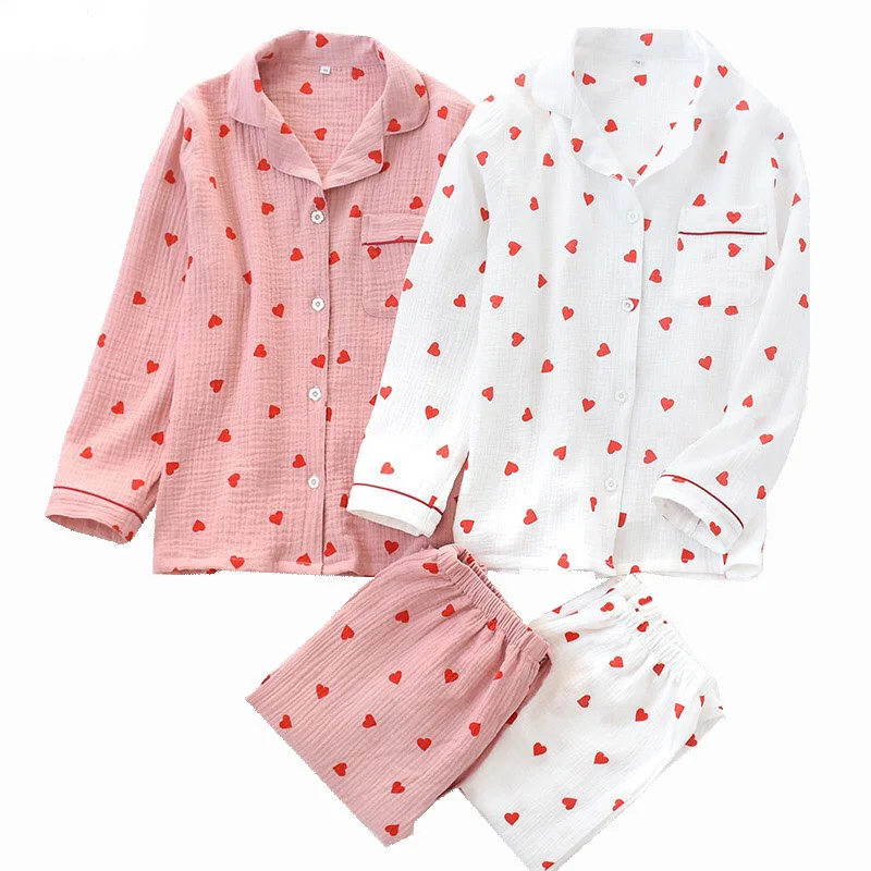 Conjunto de pijamas con estampado de corazón para mujer, ropa de casa de algodón crepé, doble capa, gasa, cuello vuelto, pantalones de manga larga,