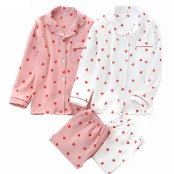 Conjunto pijama estampado em coração para senhoras, algodão crepe, gaze de camada dupla, gola virada para baixo, calça de manga comprida, roupa doméstica, primavera, novo