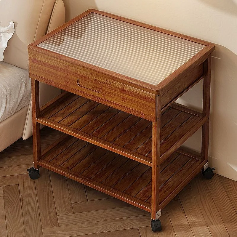 Removable Bamboo Mobile Coffee Table with Wheels Durable Storage Cabinet Bedside