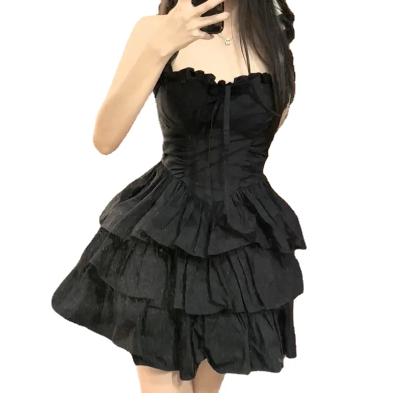 Black Mini Dress Women Spaghetti Strap Goth Streetwear Y2k Summer sleeveless Gothic Vintage Vestidos Sexy Mujer Ball Gown платье