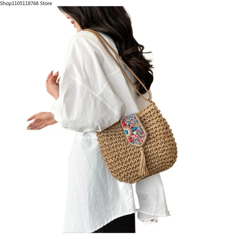 

Новые повседневные соломенные тканые квадратные сумки на плечо в национальном стиле с кисточками и бисером, стильный дизайн в стиле ретро, сумки через плечо