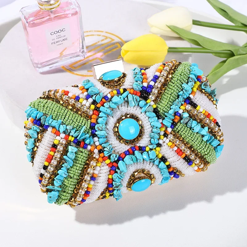 Luxury Turquoise Stone Beading Clutch for Women Fancy Aluminum Frame Beading Evening Bags Formal Party Embroidery Small Handbag