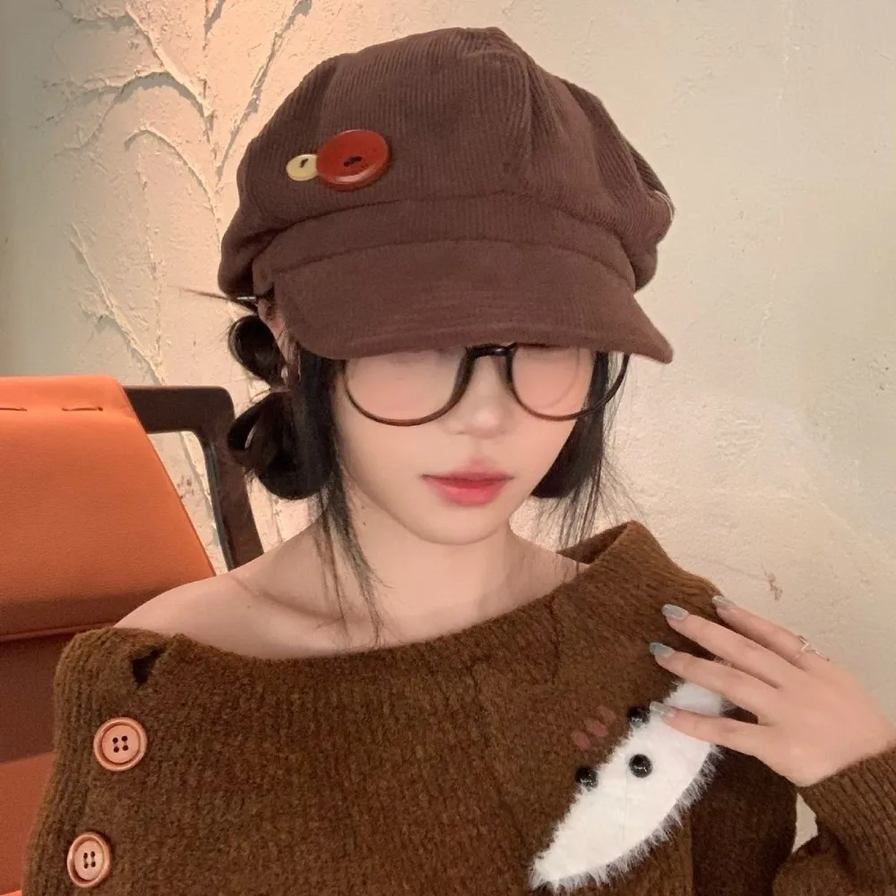 Fashion Y2k Double Button Berets Hat Japanese JK Corduroy Baseball Cap Windproof Keep Warm Painter Hat Female