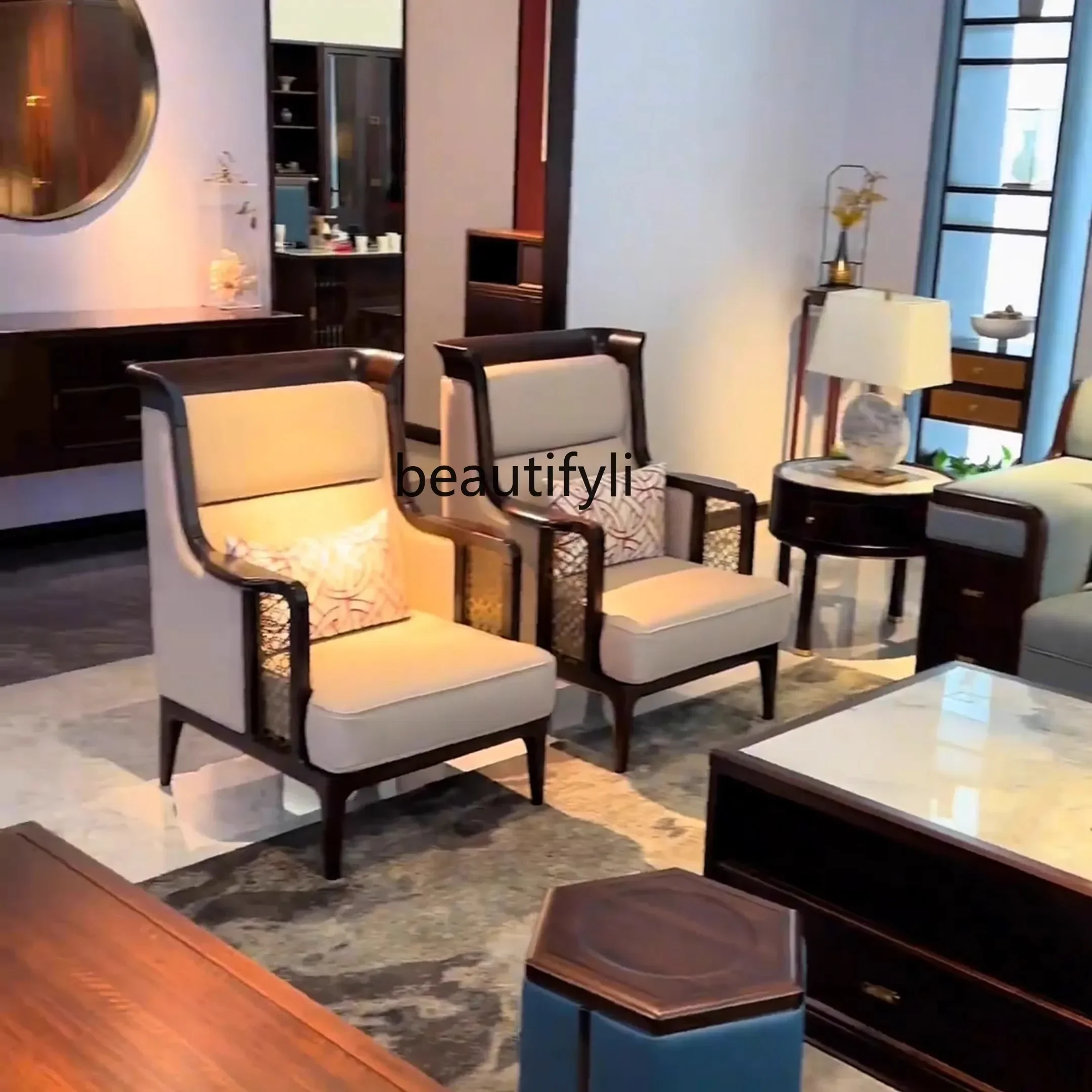 

L1 New Chinese ebony leather sofa combination, large and small apartment living room solid wood furniture