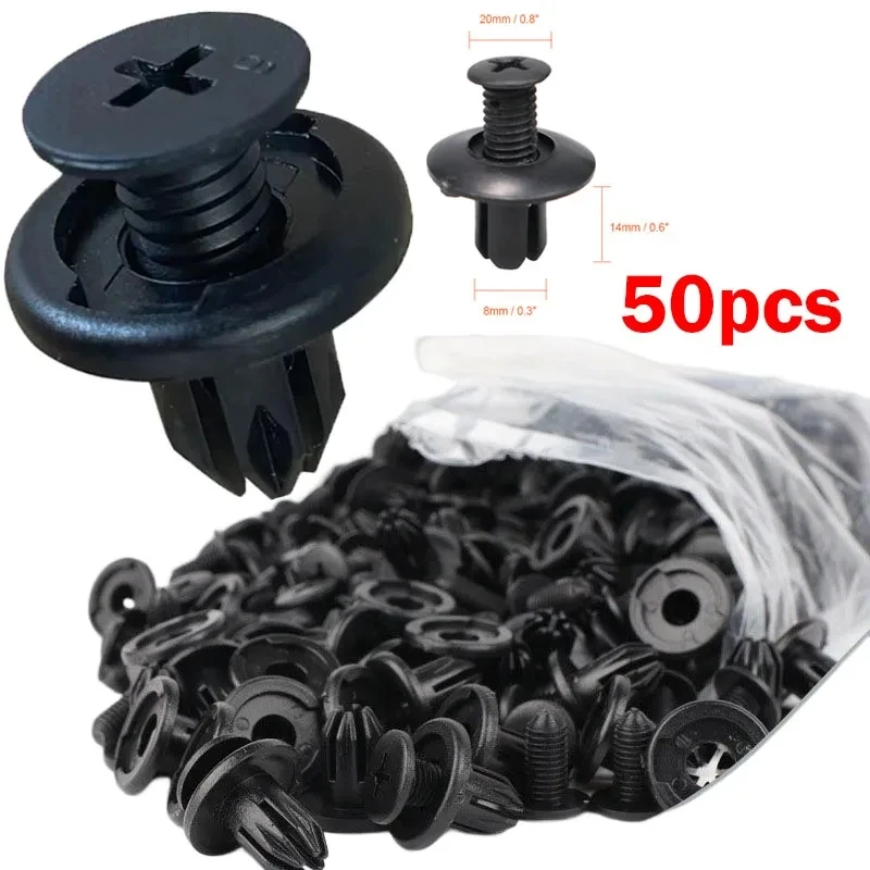 50pcs Car 8mm Hole Plastic Rivets Fastener Push Clip Black Auto Vehicle Door Trim Panel Retainer Fastener Car Accessory Voiture