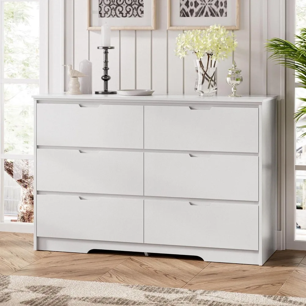 

6 Drawers White Dresser for Bedroom, Wood Large Double Dresser with Hidden Handles, Modern Chests of Deep Drawer Storage Organiz