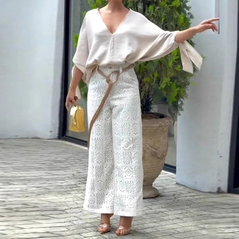 

Sexy Deep V Neck Hollow Blouse Shirt+Crochet Jacquard Trousers Suit Woman Solid Batwing Sleeve Lace-up 2 Piece Set Autumn Outfit