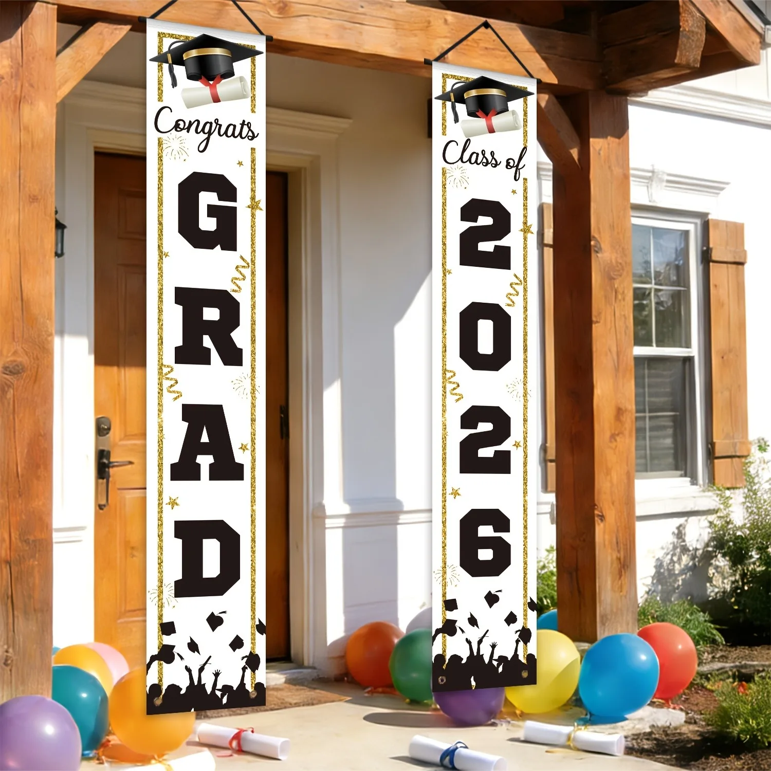 Polyester-Türbanner-Set für den Abschluss, Muster „Klasse 2026“, hängende Veranda-Schilder für Abschlussfeiern, Dekoration für die Haustür und die Veranda – Detail 4