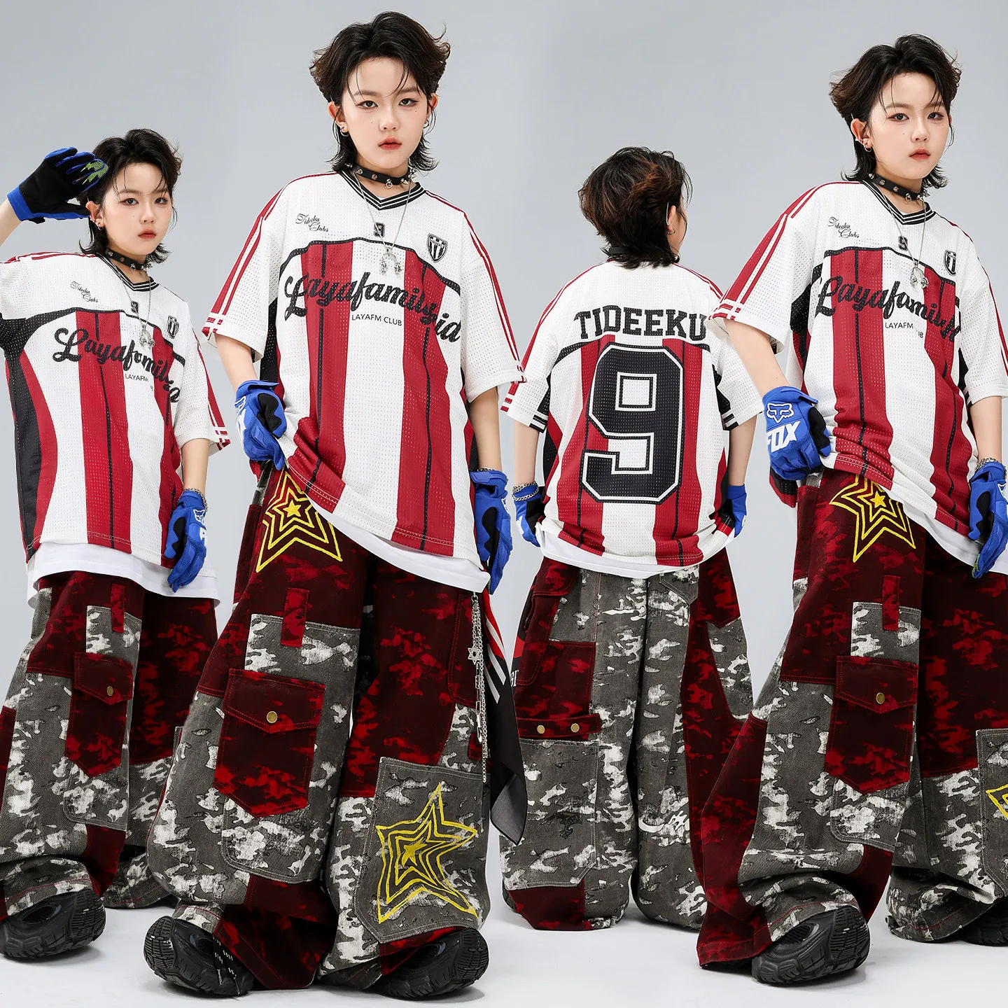 Girl Boy Kpop Hip Hop Clothing White Red Mesh Jersey T Shirt Gray Camo Multi Pockets Wide Pants for Kids Dance Costumes Clothes
