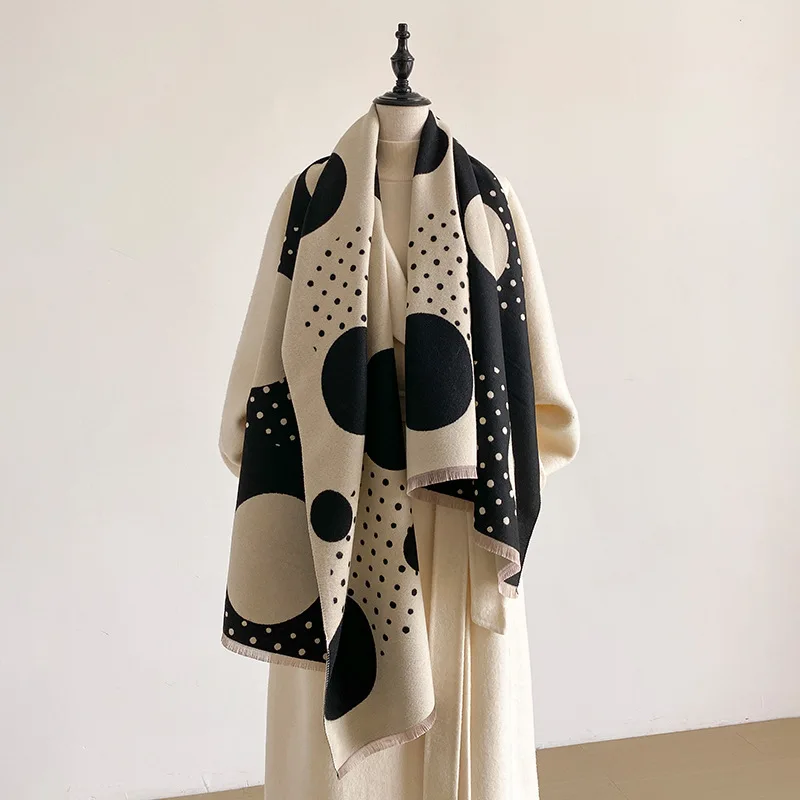 Scarf Women Shawl Wrap Double Sided Faux Cashmere Polka Dot Geometric Large Cape Tassel Jacquard Autumn Winter Warm Stole