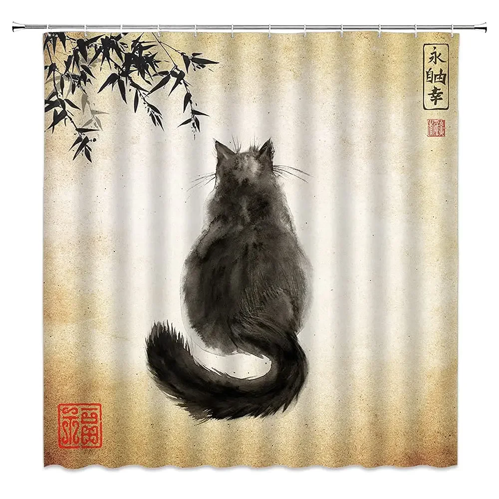 Asian Style Traditional Japanese Ink Painting Shower Curtain Vintage Cat Animal Cartoon Black Cat Silhouette Bathroom Decorative