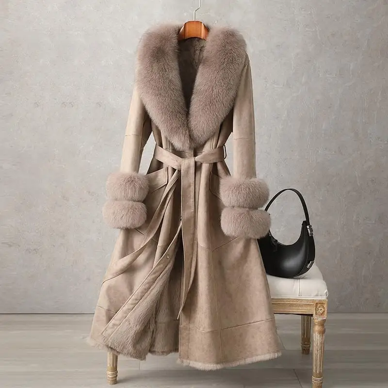 KIDCRKJ Laec Up Winter Women Integrated Fur Coat Big Fluffy Collar Female Mink Fur Jacket Slim Waist-cinching Lady Faux Fur Coat