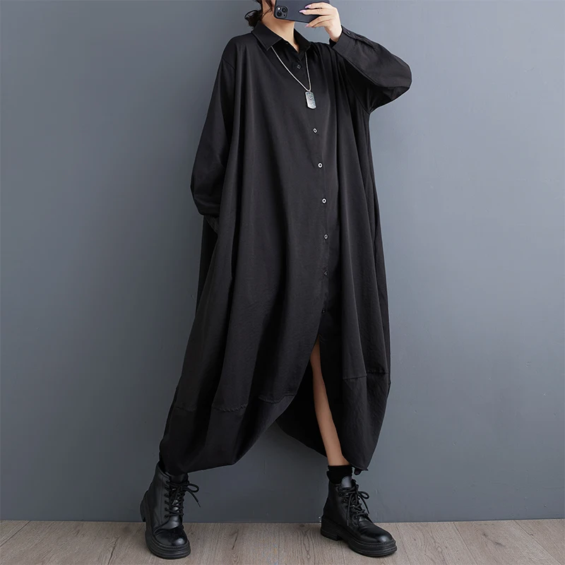 봄 가을 플러스 사이즈 루즈 캐주얼 셔츠 드레스 여성 패션 불규칙한 밑단 A라인 롱 드레스 버튼 디테일 단색