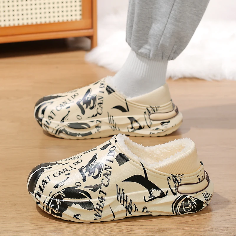 Теплая хлопковая обувь, мужские тапочки, плюшевые тапочки на каблуке, непромокаемые нескользящие зимние тапочки, мужские домашние тапочки на платформе