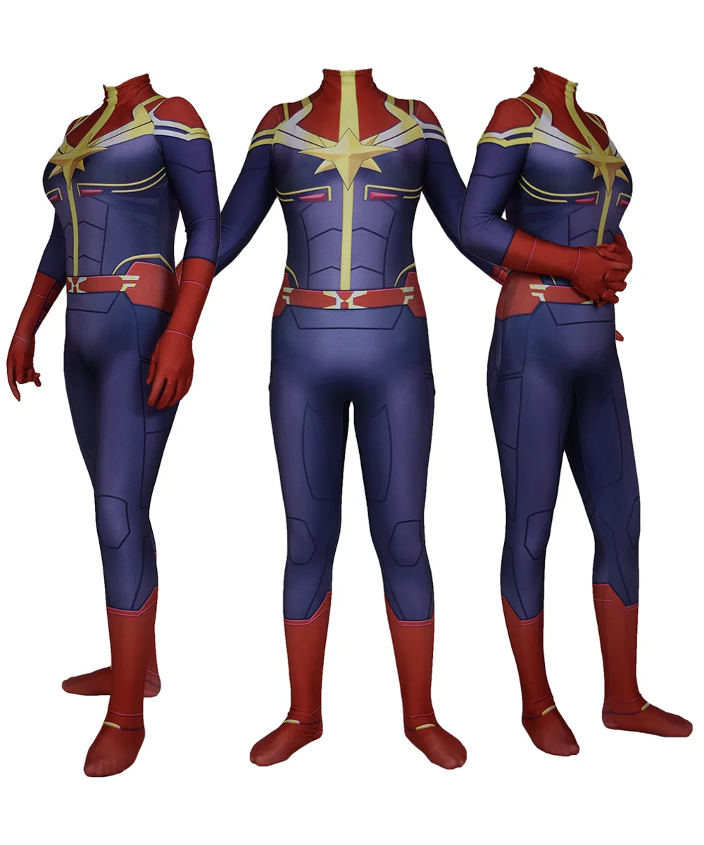 Halloween Volwassenen Kids Carol Danvers Cosplay Kostuums Meisjes Vrouw Vrouwelijke Zentai Bodysuit Pak Ms Captain Superhero Jumpsuits