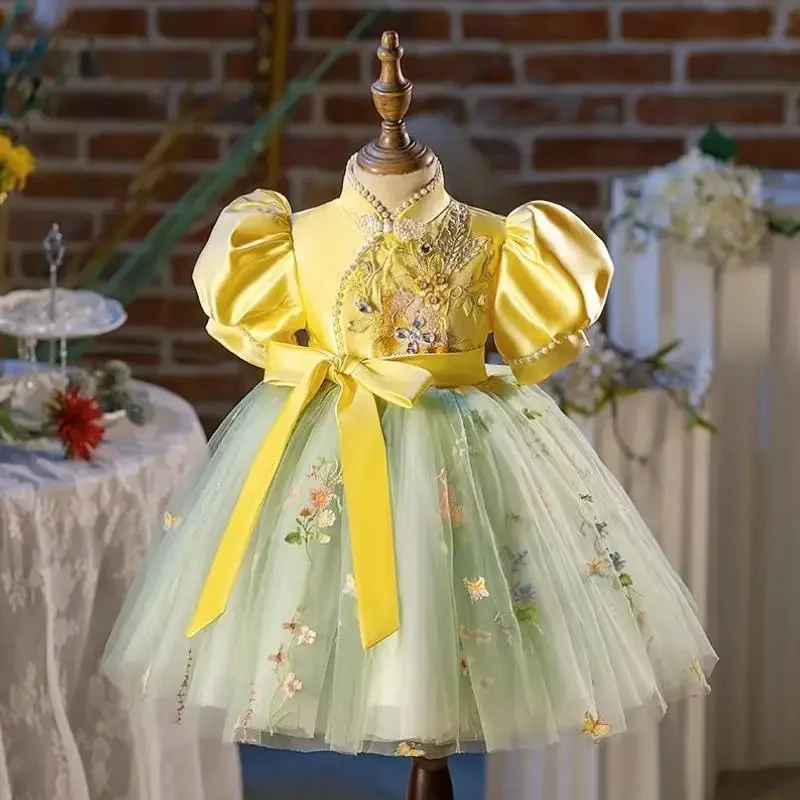 

2024 New Children's Evening Gown Bow Pearls Design Spanish Vintage Girls Birthday Baptism Party Christmas Dresses For Eid A2932