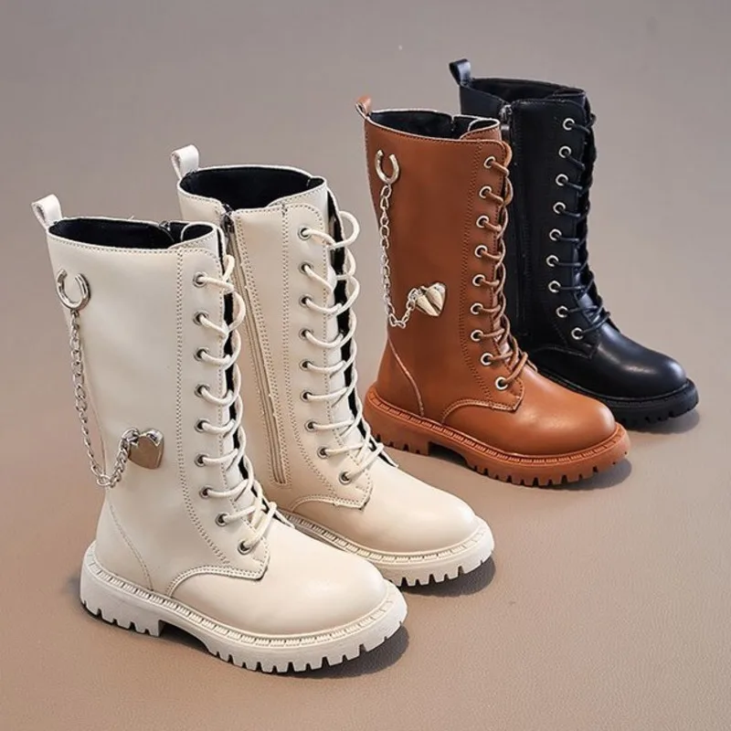 

Solid PU Leather Children Fashion Boots Metal Heart Zipper Mid Calf Girls Shoes Spring Autumn Anti Slip Kids Long Boots