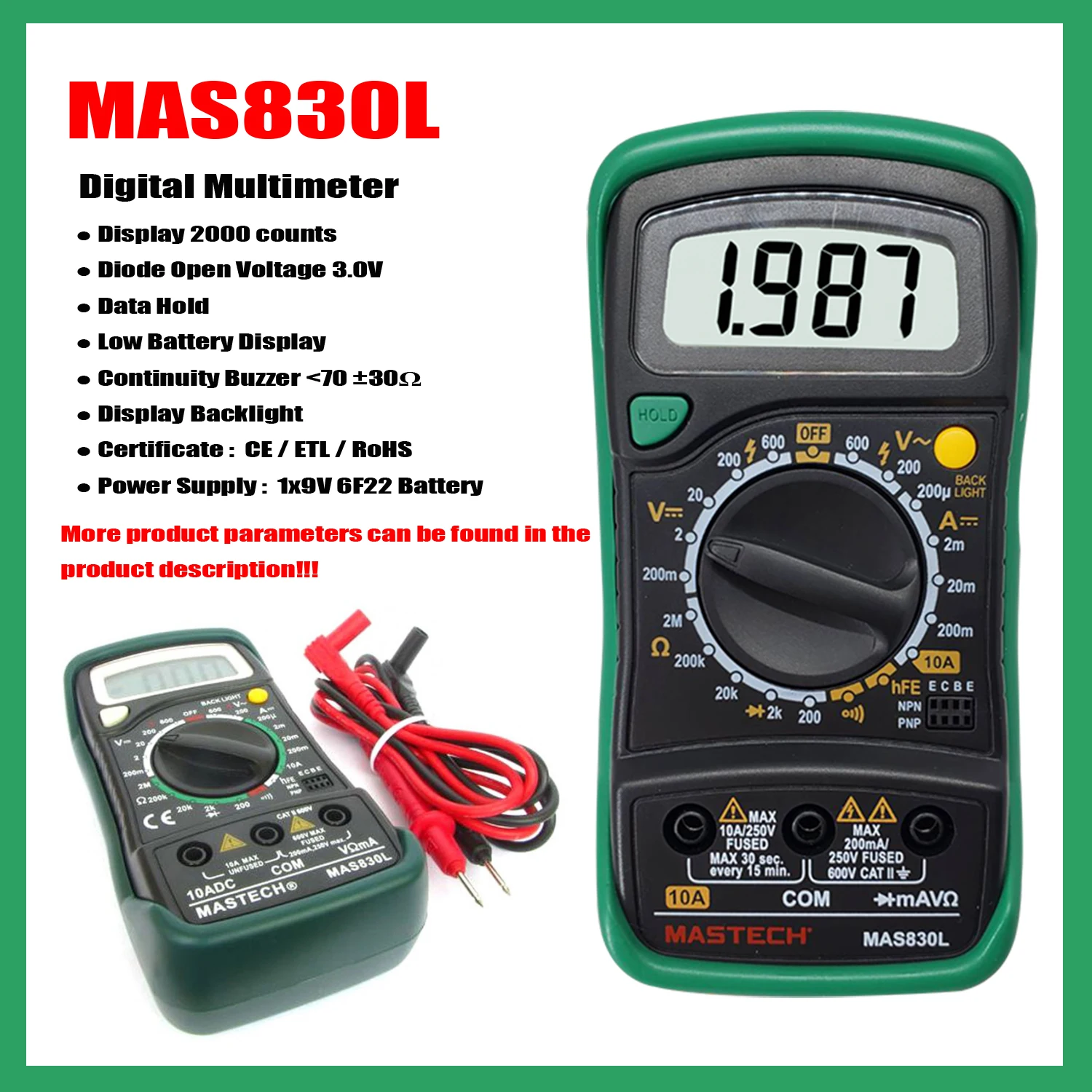 MASTECH MAS830B MAS830L MAS838 Multímetro digital Pantalla de 2000 recuentos; Zumbador de continuidad Menos de 70 ± 30Ω Pantalla de batería baja.