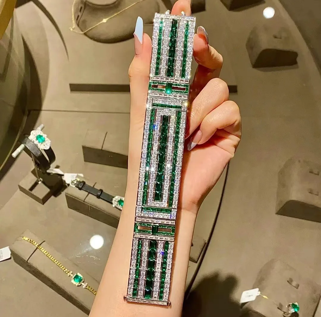 

ZOCA Pure 925 Sterling Silver White Gold Plated Cultivated Emerald Gem Bracelet for Women Party Bangle Luxury Jewelry
