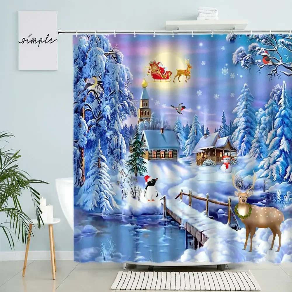 Merry Christmas Shower Curtain Dream Forest Snow Night View Santa Claus Elk Bathroom Decor With Hook Waterproof Polyester Screen