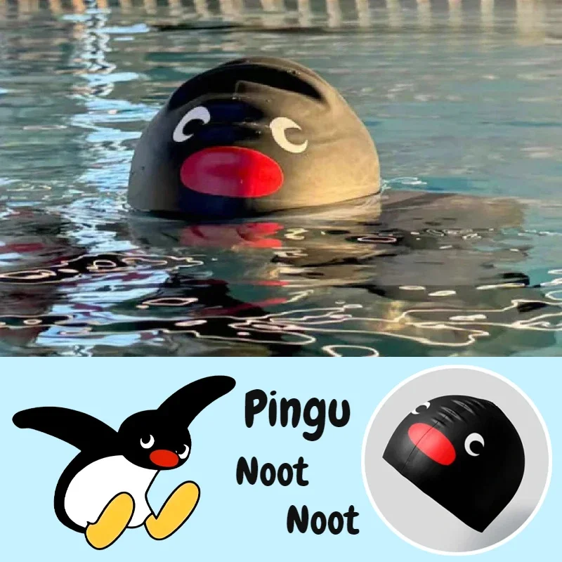 Pingu Penguin Elastic Waterproof PU Protect Ears Long Hair Sports Swim Pool Hat Swimming Cap Free Size for Women & Men Adults