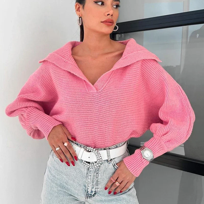 

Autumn Winter Solid European All Match Jumpers Vintage Knit Cropped Sweater Women Loose Casual Lantern Sleeve V Neck Pullovers