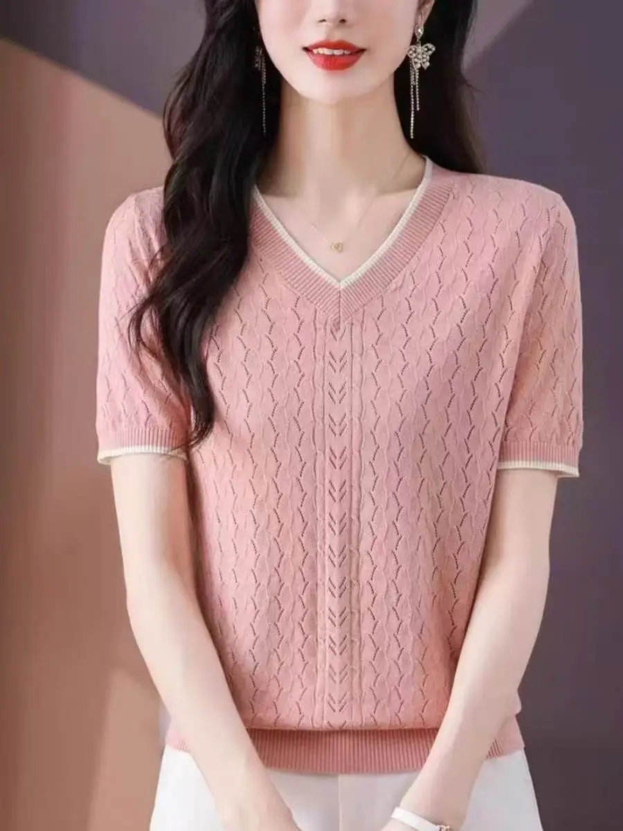 

Summer 2025 Loose Knitted Short Sleeve T-Shirt Fashionable Hollow out Design Age-Defying Meat-Covering V-Neck Top Women's Wear