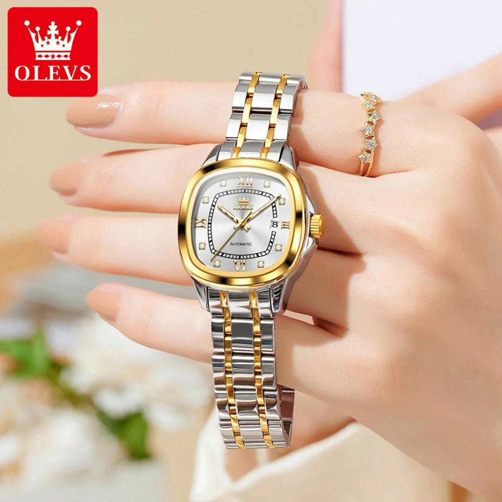 Jam Tangan Pasangan Romantis OLEVS 9810 Tahan Air Otomatis Mekanis untuk Pria dan Wanita dengan Fitur Luminous dan Bahan Stainless Steel