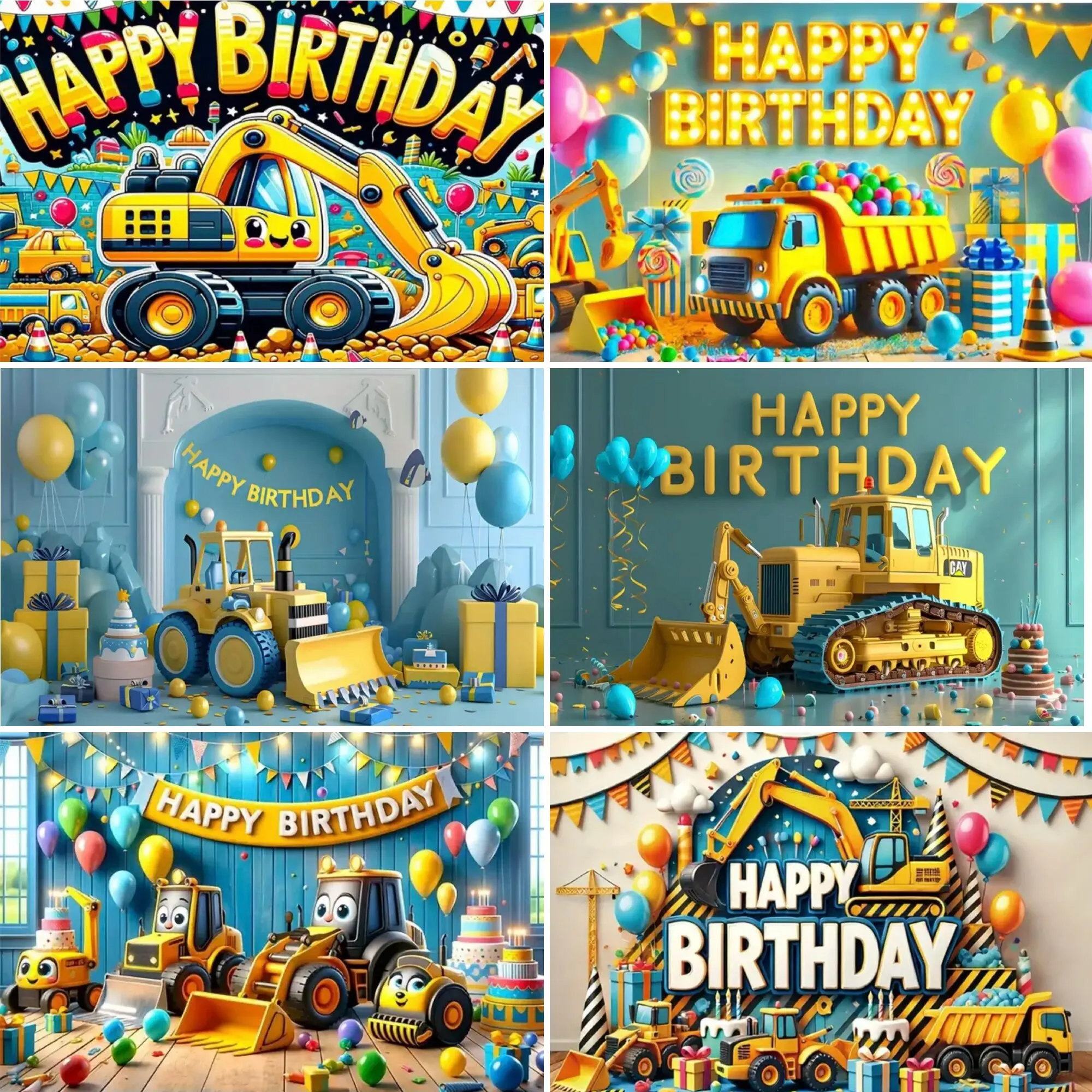 

Cartoon engineering vehicle excavator theme background boy's birthday party decor background baby bath photography studio props