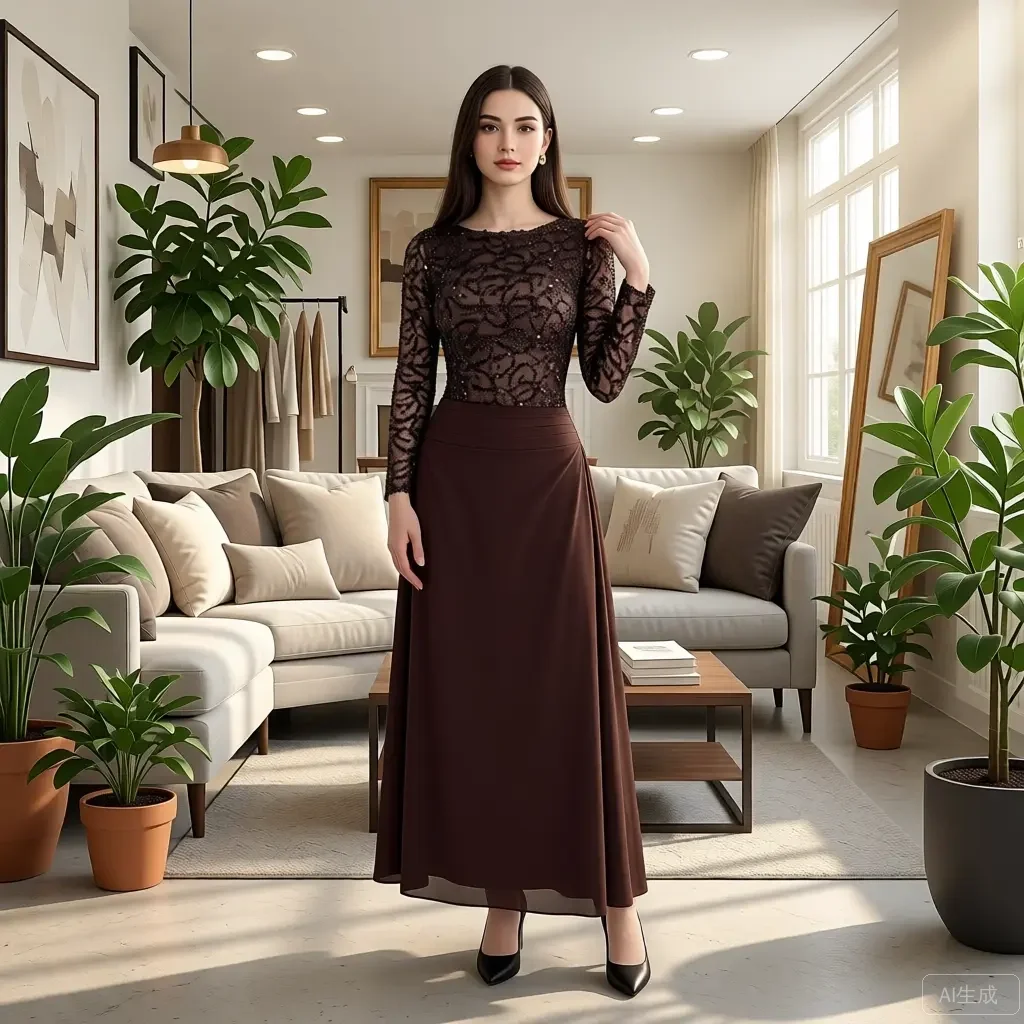 

Новинка 2026: Женская макси-юбка А-силуэта с высокой талией, элегантная атласная шифоновая вечерняя юбка для вечеринок, коричневая, Ever Pretty