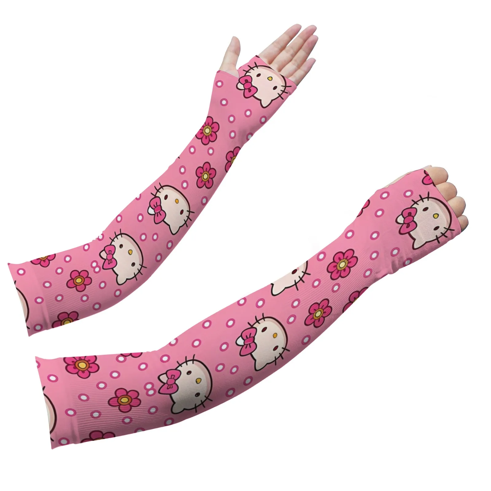 Novedosas mangas de brazo con estampado de dibujos animados de Hello Kitty, protección UV transpirable de seda de hielo rosa claro para la moda diaria y al aire libre