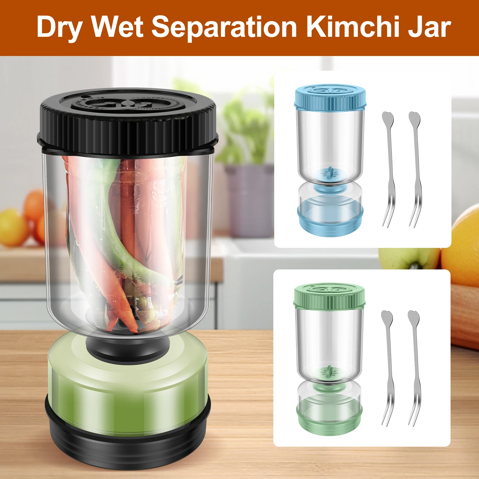 Tarro de pepinillos de vidrio/plástico con tenedores, dispensador húmedo seco, pepinillos y aceitunas reutilizables, tarro de reloj de arena, contenedor de pepino para cocina