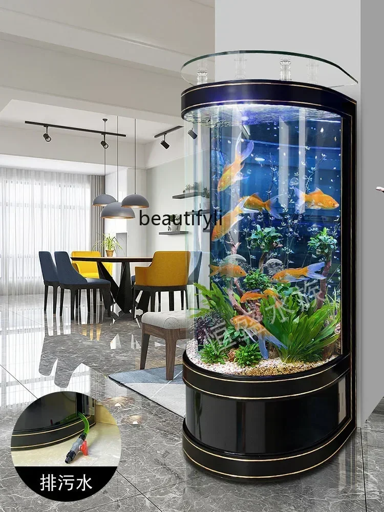 Fish Tank Living Room Small TV Cabinet next to Integrated Medium and Large Glass Semi-Cylindrical Aquarium