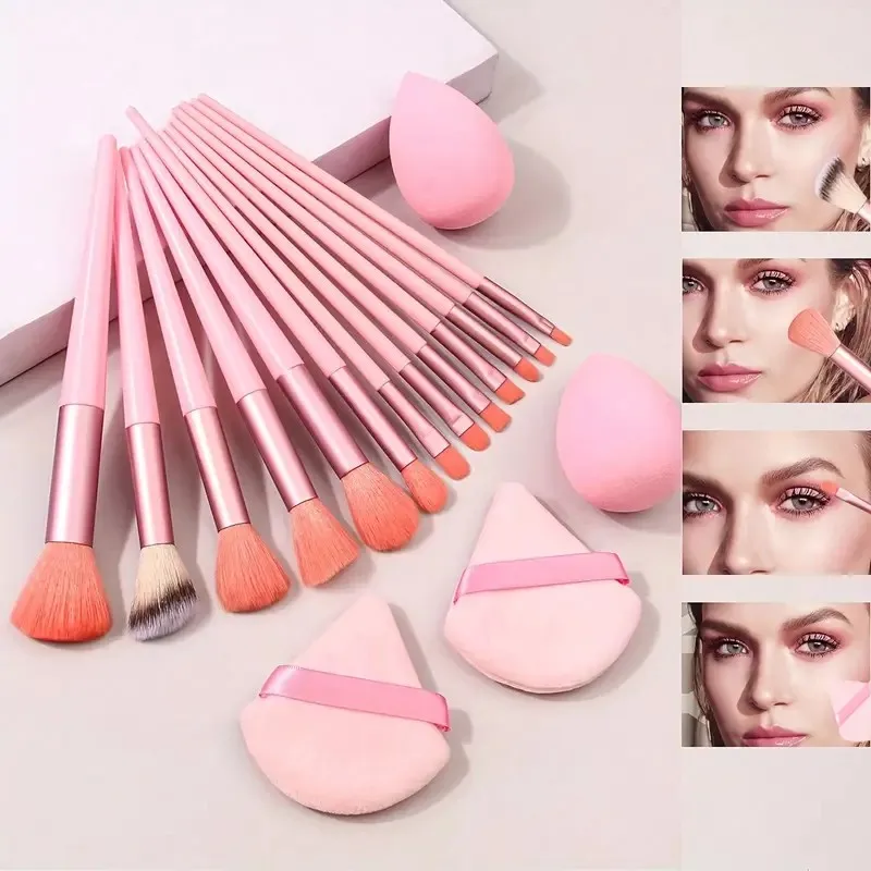 Conjunto de pincéis de maquiagem de 14 peças com liquidificador - Kit completo de rosto e olhos |   Escovas Sintéticas Premium + Esponja |   Pronto para presente