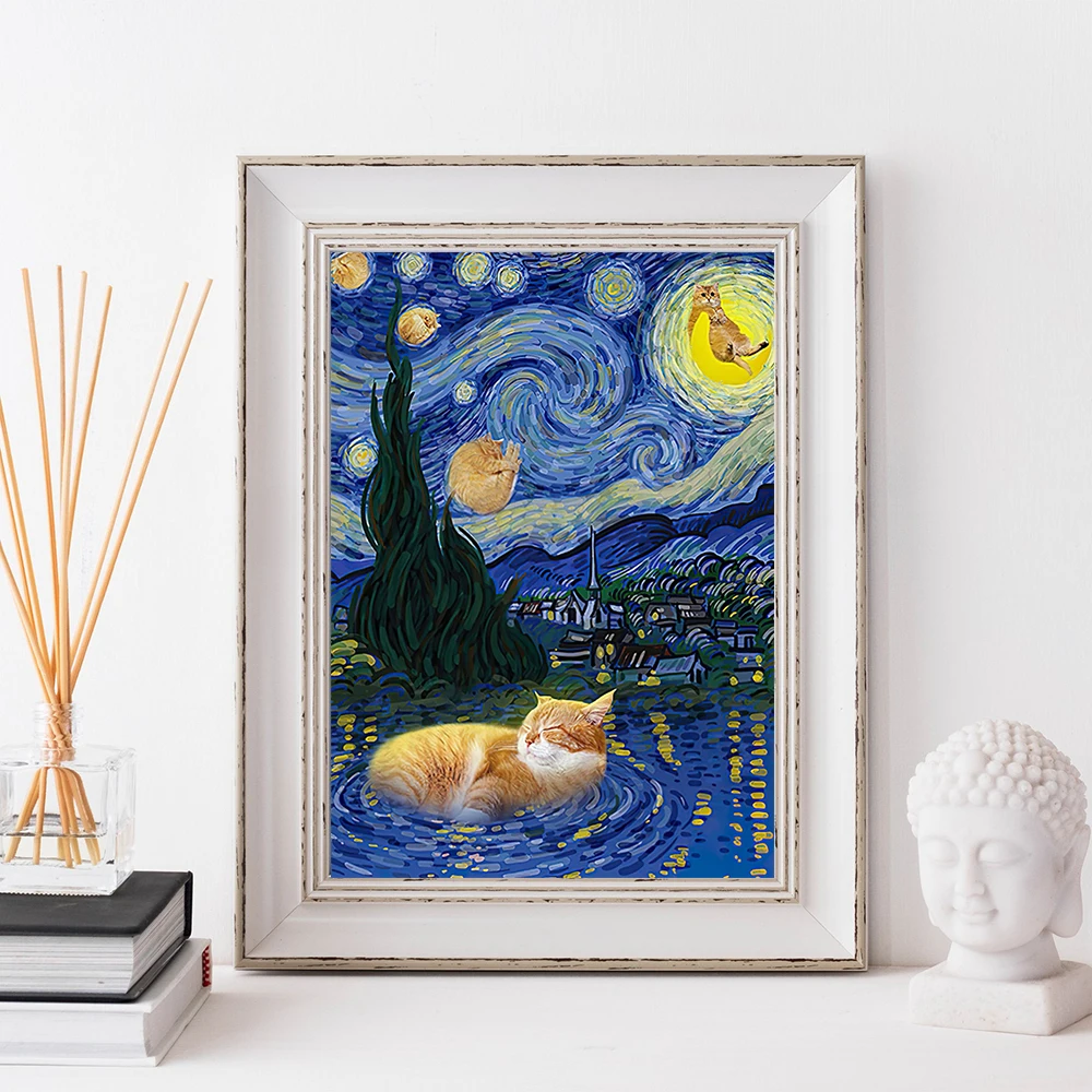 

Van Gogh Starry Night Orange Cat Poster Art Wall Oil Mural Print Fun Gift Abstractionism Floral Canvas Painting Room Home Decor