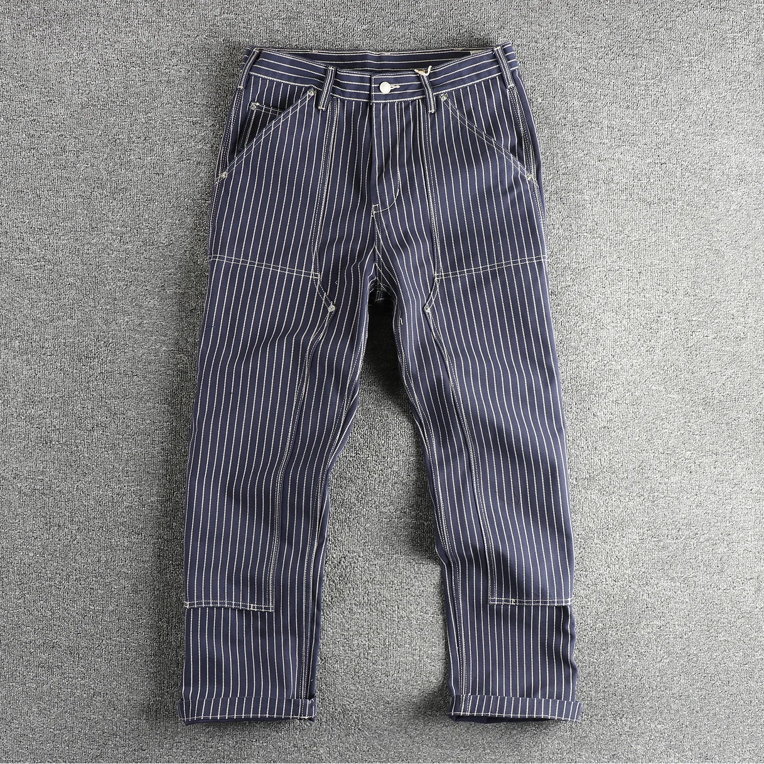 

Wabash Workwear Straight Leg Men's Cargo Pants Blue Stripes Retro Style Long Trousers Youthful Casual Fashion Spring Autumn