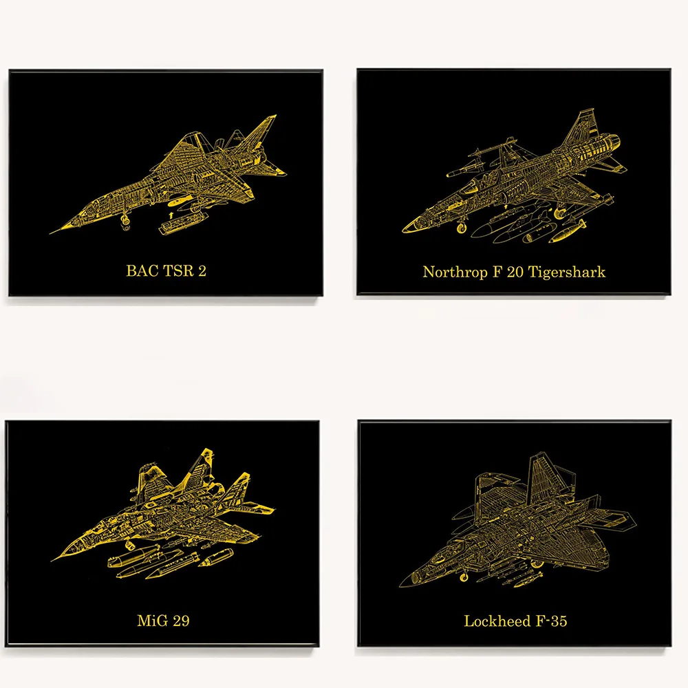 Fighter Aircraft Gold Cutaway Wall Art Posters and Prints F-35 Plane Canvas Paintings on the Wall Art Pictures Room Decor Cuadro