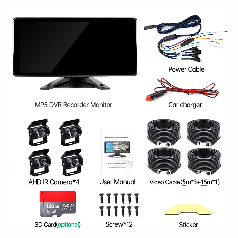 Vehicle 10.3 Inch 4CH AHD DVR IPS Four-way Monitoring All-in-one Recorder Bluetooth Mobile Phone Interconnection Fm Transmission