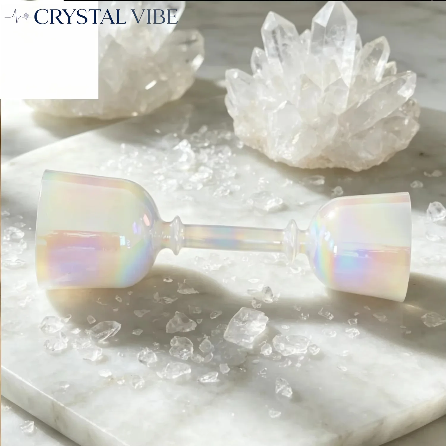 CRYSTAL VIBE   432Hz 6-8inch Colorful Clear Double Headed Cosmic Light Crystal Hand-held Singing Bowls Comes with Mallet